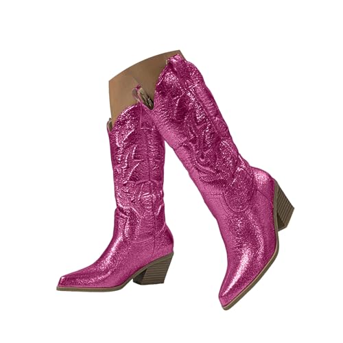 Cowboystiefel für Damen, mittelhoch, glitzernde Metallic-Stickerei, spitzer Zehenbereich, breiter Absatz, zum Überziehen, breite Wade, Western-Cowboystiefel, hot pink, 40.5 EU Cowboystiefel für Damen, mittelhoch, glitzernde Metallic-Stickerei, spitzer Zehenbereich, breiter Absatz, zum Überziehen, breite Wade, Western-Cowboystiefel, hot pink, 40.5 EU von Generisch