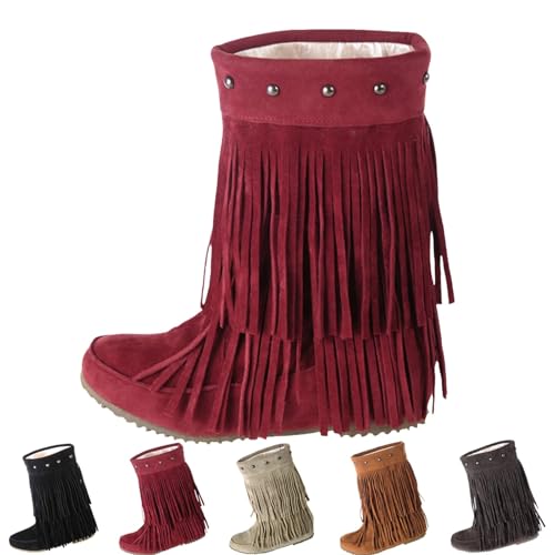Cowboystiefel mit Quasten, für Damen, Winter, flach, Wildleder, breit, wadenhoch, klobiger Absatz, Fransen, modischer Slipper, Cowgirl-Stiefel mit lässigem Komfort, Westernschuhe, rot, 39.5 EU von Generisch