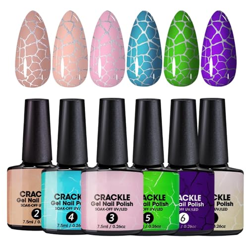 Crackle Gel Nail Polish Set, UV LED Lamp Compatible, Smooth Texture Formula, Base and Top Gel Included, Delicate and Sturdy Finish, for Girls Traveling Business Trip, 7.5mlx6Pieces von Generisch