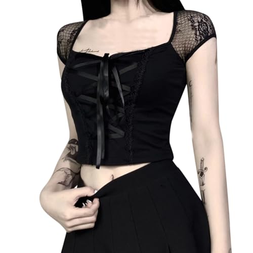 Crop Top Damen Vintage Schnürung Vorne Oberteil Y2K Gothic Top Slim Fit Emo Grunge Outfit Kurzarm/Ärmellos Karree Ausschnitt Bluse Gothic Bedruckte Kleidung Streetwear für Club Party Cosplay von Generisch