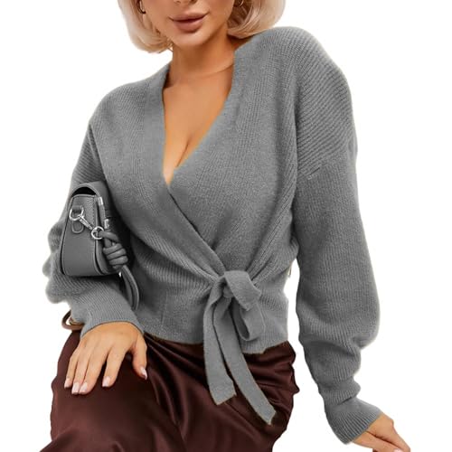 Cropped-Wickelpullover für Damen, lässiger V-Ausschnitt, Wickelpullover, leicht, gerippt, überschnittene Schultern, Strickoberteile, grau, XL von Generisch