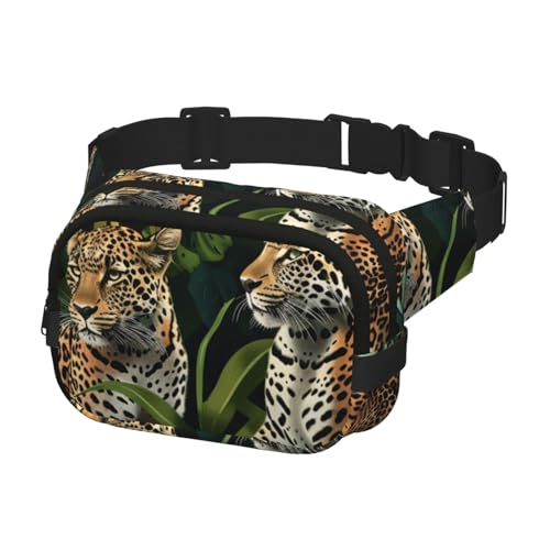 Crossbody Bauchtasche für Damen und Herren, modische Gürteltasche zum Wandern, Laufen, Reisen, Leopard und tropische Blätter, mehrfarbig, Einheitsgröße, Geldgürtel von Generisch