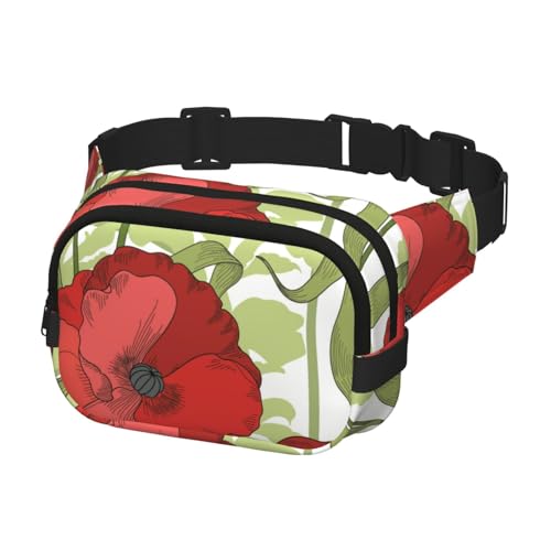 Crossbody Bauchtasche für Damen und Herren, modische Gürteltasche zum Wandern, Laufen, Reisen, Roter Mohnblume von Generisch