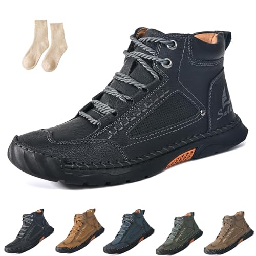 Cryonessa Herren-Lederstiefel, bequeme handgefertigte Lederstiefel wasserdicht, mit Fußgewölbeunterstützung, Druckentlastung (Schwarz, DE, Erwachsene, Herren, 48, Numerisch, EU Schuhgrößensystem, M) von Generisch