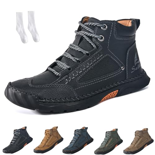 Cryonessa Lederstiefel, Bequeme Herren-Lederstiefel, breite, wasserdichte Outdoor Leather Boots mit Fußgewölbeunterstützung (Schwarz, EU, Erwachsene, Herren, 43, Numerisch, EU Schuhgrößensystem, M) von Generisch