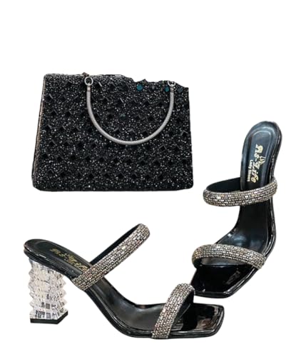 Crystal Heels und passende Tasche Set - elegante Partyschuhe mit transparentem Blockabsatz und Abend-Clutch, Schwarz , 36 EU von Generisch