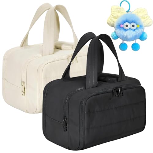 Cureaway Reise-Kosmetiktasche, große Kapazität, weit geöffnete Reise-Kosmetiktasche, offene flache Make-up-Tasche, leicht, wasserdicht, mit 4 Fächern und Griff, für Damen, Beige+Schwarz von Generisch