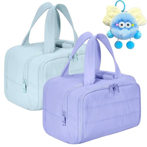 Cureaway Reise-Kosmetiktasche, große Kapazität, weit geöffnete Reise-Kosmetiktasche, offene flache Make-up-Tasche, leicht, wasserdicht, mit 4 Fächern und Griff, für Damen, Blau+Lila, Kosmetiktasche von Generisch