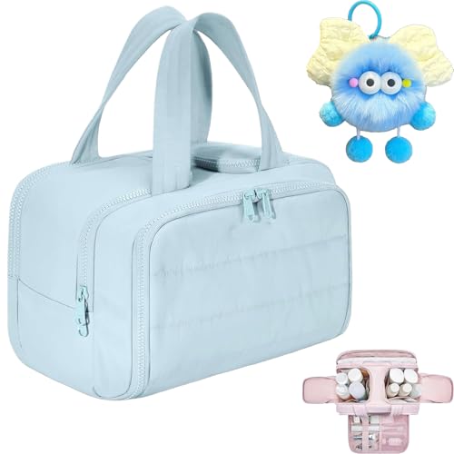 Cureaway Reise-Kosmetiktasche, große Kapazität, weit geöffnete Reise-Kosmetiktasche, offene flache Make-up-Tasche, leicht, wasserdicht, mit 4 Fächern und Griff, für Damen, blau, Kosmetiktasche Reise von Generisch