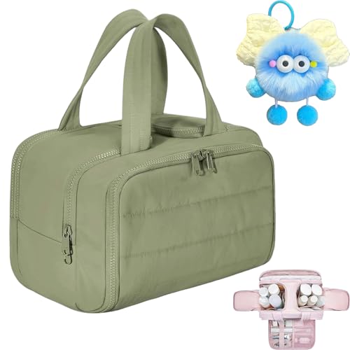 Cureaway Reise-Kosmetiktasche, große Kapazität, weit geöffnete Reise-Kosmetiktasche, offene flache Make-up-Tasche, leicht, wasserdicht, mit 4 Fächern und Griff, für Damen, grün, Kosmetiktasche Reise von Generisch