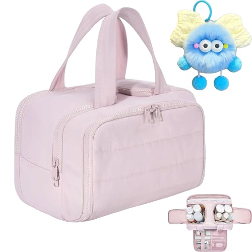 Cureaway Reise-Kosmetiktasche, große Kapazität, weit geöffnete Reise-Kosmetiktasche, offene flache Make-up-Tasche, leicht, wasserdicht, mit 4 Fächern und Griff, für Damen, rose, Kosmetiktasche Reise von Generisch