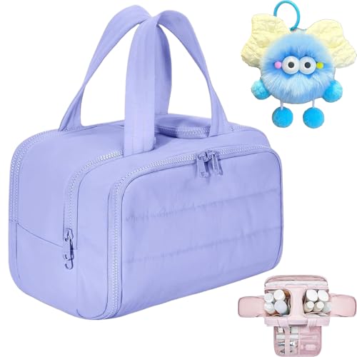 Cureaway Reise-Kosmetiktasche, große Kapazität, weit geöffnete Reise-Kosmetiktasche, offene flache Make-up-Tasche, leicht, wasserdicht, mit 4 Fächern und Griff, für Damen, violett, Kosmetiktasche von Generisch