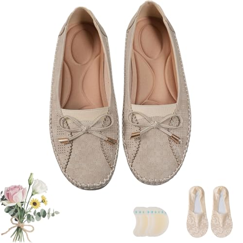 Curvahouse OrthopäDische Lederschuhe, Leichte, rutschfeste Und Atmungsaktive Schuhe FüR Damen, Elegante Slip-On-Loafer Mit Schleife (Beige,38) von Generisch