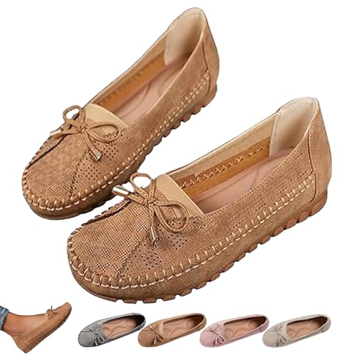 Curvahouse Orthopedic Leather Shoes, Dressy Slip-On Bow-Knot Flats Loafers for Women, Lightweight Anti-Slip Breathable (Brown,38) von Generisch