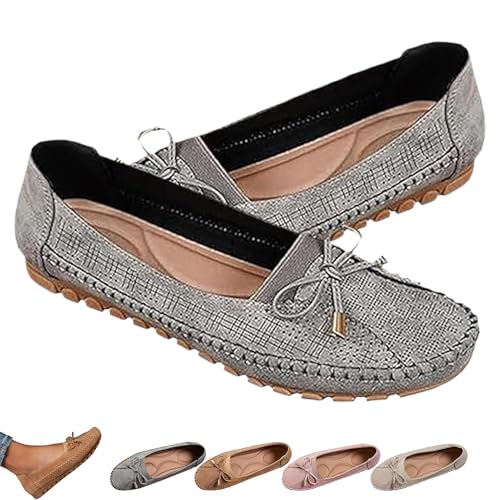 Curvahouse Orthopedic Leather Shoes, Dressy Slip-On Bow-Knot Flats Loafers for Women, Lightweight Anti-Slip Breathable (Gray,44) von Generisch