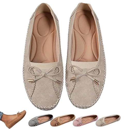 Curvahouse Orthopedic Leather Shoes, Dressy Slip-On Bow-Knot Flats Loafers for Women, Lightweight Anti-Slip Breathable (Khaki,44) von Generisch