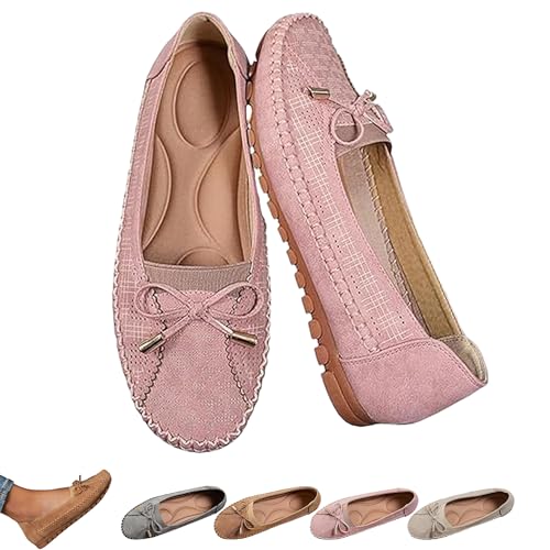 Curvahouse Orthopedic Leather Shoes, Dressy Slip-On Bow-Knot Flats Loafers for Women, Lightweight Anti-Slip Breathable (Pink,41) von Generisch