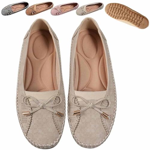 Curvahouse Orthopedic Leather Shoes, Women Bow-Knot Round Toe Flats Loafers, Lightweight Anti-Slip Breathable Sandals (Beige,37) von Generisch