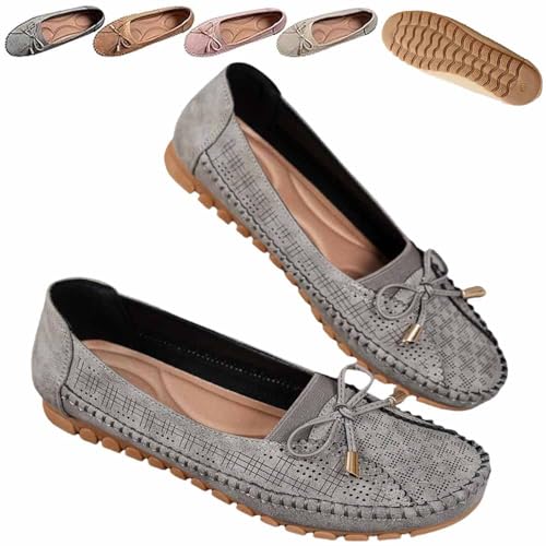 Curvahouse Orthopedic Leather Shoes, Women Bow-Knot Round Toe Flats Loafers, Lightweight Anti-Slip Breathable Sandals (Gray,42) von Generisch