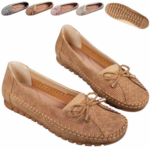 Curvahouse Orthopedic Leather Shoes, Women Bow-Knot Round Toe Flats Loafers, Lightweight Anti-Slip Breathable Sandals (Khaki,38) von Generisch
