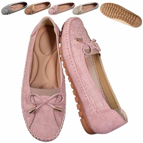 Curvahouse Orthopedic Leather Shoes, Women Bow-Knot Round Toe Flats Loafers, Lightweight Anti-Slip Breathable Sandals (Pink,40) von Generisch