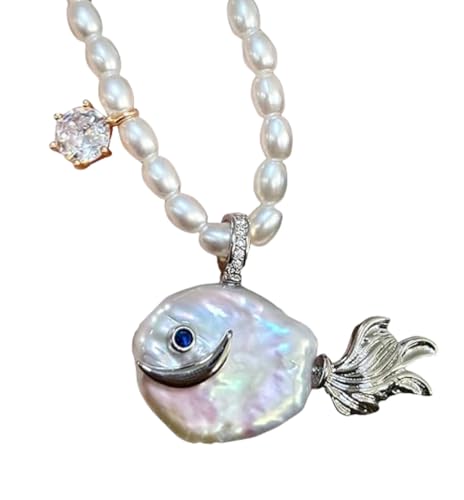 Cute Pearl Fish Zircon Pendant Necklace, Natural Pearl Irregular Fish Shape Women Pendant, Summer Beach Ocean Jewelry Clavicle Chain for Anniversary Birthday Gift von Generisch