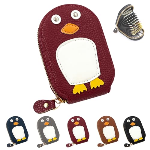 Cute Penguin Pu Credit Card Coin Wallet, Small Genuine Leather Wallet for Women, Card Storage Multi Slot Portable Wallet (Red) von Generisch