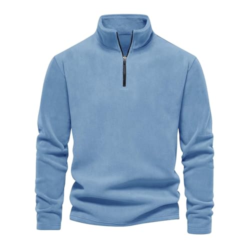DENGJIAMY Fleece-Pullover für Herren, mit Viertelreißverschluss, Vintage-Polo-Sweatshirt, einfarbig, modisch, Stehkragen, Frühlings-Sweatshirts, langärmelig, blau, 3XL von Generisch