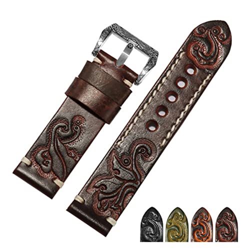 DSHDFJ Handgemachte Retro geschnitztes echtes Leder Armband 18 20 22 24mm Schwarz Rot Armband Ersatzgurt Compatible With Herrenuhr Zubehör(Red silver B,24mm) von Generisch
