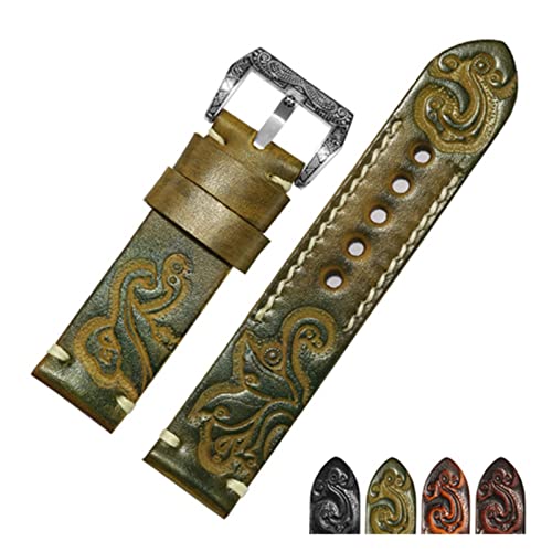 DSHDFJ Handgemachte Retro geschnitztes echtes Leder Armband 18 20 22 24mm Schwarz Rot Armband Ersatzgurt Compatible With Herrenuhr Zubehör(Yellow silver B,18mm) von Generisch