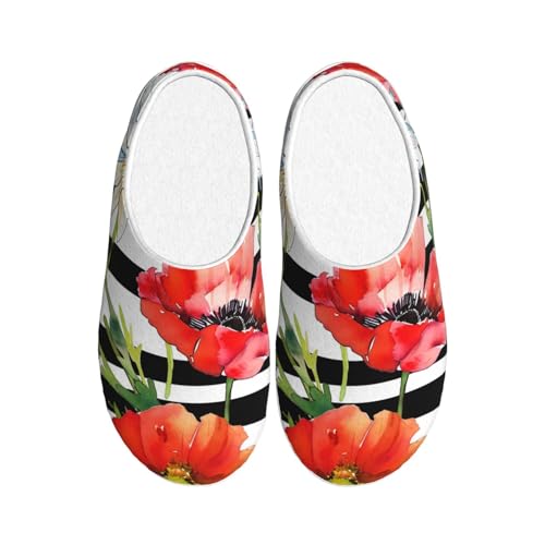 Daisy Poppy Damen Hausschuhe Flanell Haus Pantoffeln für Herren Streifen Blume rutschfeste Warme Winterschuhe für Indoor Outdoor, mehrfarbig, 3X-Large von Generisch