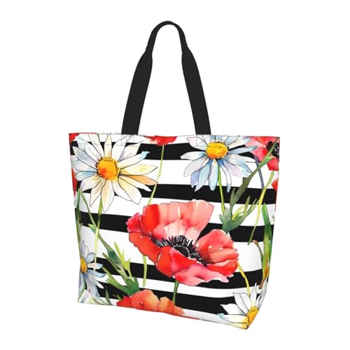 Daisy Poppy Tote Bag Damen Schulterhandtaschen Streifen Blume Einkaufstaschen Wasserabweisend Große Handtasche mit Innentasche für Arbeit Reise Schule von Generisch