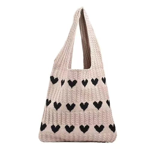 Daisy Rose Karierte Tragetasche für Damen, gestrickt, gehäkelt, Schultertasche, Herzmuster, Handtaschen, ästhetische Alltagstasche, Stricktasche, Neopren-Tragetasche, khaki, Einheitsgröße von Generisch