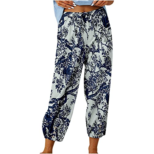 Dame Hippie Hose Pumphose Haremshose Boho Gemustert Gesmockte Taille mit Taschen Freizeithose Sommerhose Yogahose von Generisch