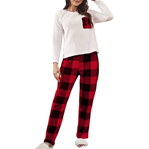 Damen 2 verdickte warme Flanell Lang Pyjama Set Plüsch Herbst Winter Nachtwäsche Plaid Fleece Nachtwäsche Flanell Pyjama Frauen Set Weich, rot, M von Generisch