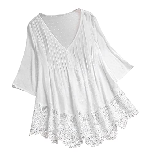 Damen 2024 Boho Bauernoberteile Hemd Retro Leinen Rüschen Front Floral Grafik Stickerei Blusen für ältere Frauen 3/4 Ärmel Sommer Casual Spitze Gaze Bohemian Style Tunika, weiß, M Damen 2024 Boho Bauernoberteile Hemd Retro Leinen Rüschen Front Floral Grafik Stickerei Blusen für ältere Frauen 3/4 Ärmel Sommer Casual Spitze Gaze Bohemian Style Tunika, weiß, M von Generisch