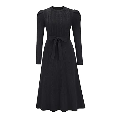 Damen 2024 Herbst Pulloverkleid Langarm Slim Hohe Taille A-Linie Großer Saum Rundhals Strick-Minikleid mit Gürtel, Schwarz , L von Generisch