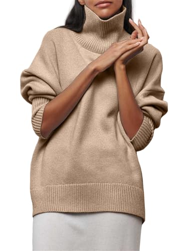 Damen 2024 Lockerer lässiger Basic Halber Rollkragen Chunky Langarm Herbst und Winter Strickpullover Sweater, Hellkhaki, S von Generisch