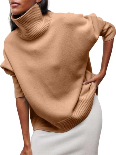 Damen 2024 Lockerer lässiger Basic Halber Rollkragen Chunky Langarm Herbst und Winter Strickpullover Sweater, camel, L von Generisch