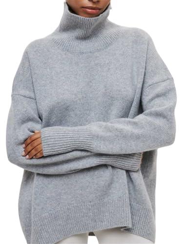 Damen 2024 Lockerer lässiger Basic Halber Rollkragen Chunky Langarm Herbst und Winter Strickpullover Sweater, grau, M von Generisch
