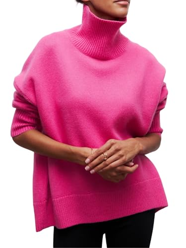 Damen 2024 Lockerer lässiger Basic Halber Rollkragen Chunky Langarm Herbst und Winter Strickpullover Sweater, rosarot, L von Generisch