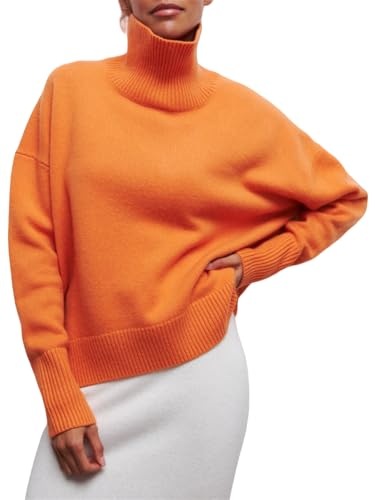 Damen 2024 Lose Casual Basic Halber Rollkragen Chunky Langarm Herbst und Winter Strickpullover Sweater, Orange, S von Generisch