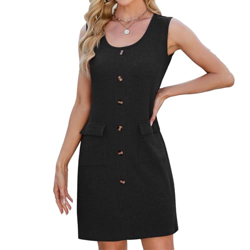 Damen 2025 Sommer ärmelloses Minikleid formelles kurzes Kleid ärmellos Knopfleiste Elegant Büro Outfits Freizeitkleider, Schwarz , S von Generisch