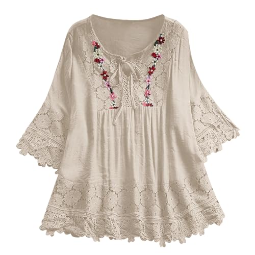 Damen 3/4 Ärmel Boho Leinenhemd Tunika Boho Bauer Spitze Floral Grafik Stickerei Tops 2024 Hippie Rüschen Front Blusen für Senioren Club Lace Up Loose Fit Gaze Bohemian Style, weiß, M Damen 3/4 Ärmel Boho Leinenhemd Tunika Boho Bauer Spitze Floral Grafik Stickerei Tops 2024 Hippie Rüschen Front Blusen für Senioren Club Lace Up Loose Fit Gaze Bohemian Style, weiß, M von Generisch