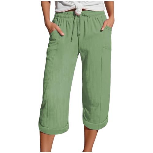 Damen 3/4 Musselin Hose Sommer Leinenhose Leicht mit Taschen Leinen Sommerhose Causal Locker Caprihose Elastische Bequeme Stoffhose Strandhose Damen Leinen Shorts (Green, L) von Generisch