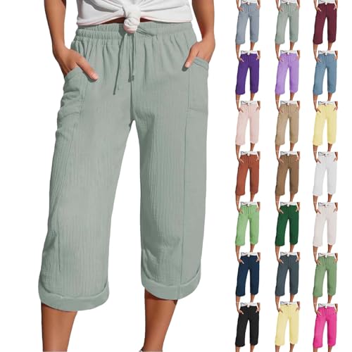 Damen 3/4 Musselin Hose Sommer Leinenhose Leicht mit Taschen Leinen Sommerhose Causal Locker Caprihose Elastische Bequeme Stoffhose Strandhose Damen Leinen Shorts (Mint Green, XXL) von Generisch