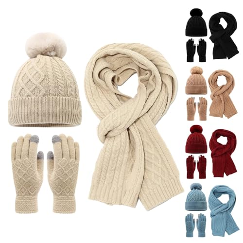 Damen 3 In 1 Winter Mütze Schal Touchscreen Handschuhe Set Thermo Strickmütze Beanie Wintermütze Schals Winterschal Winterhandschuhe Geschenk für Frauen von Generisch