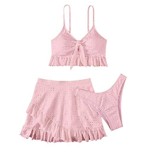Damen 3-teilige Bikini Sets V Ausschnitt Knoten vorne Bikini Einfarbig Spaghettiband Badeanzug Sexy Dreieck Bikini Bottoms Bequeme Atmungsaktiv Strand Badebekleidung Lässige Badeanzüge (Red, L) von Generisch