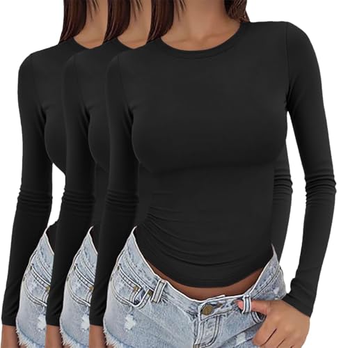 Damen 3er-Pack Langarm-T-Shirts Y2K Slim Fit Stretch Rundhalsausschnitt Basic Layering Tops Casual Yoga Sport Wear A02, 3 Stück, schwarz, M von Generisch