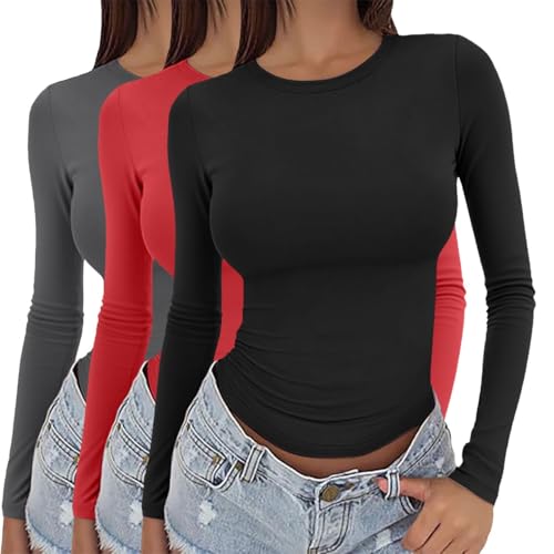 Damen 3er-Pack Langarm-T-Shirts Y2K Slim Fit Stretch Rundhalsausschnitt Basic Layering Tops Casual Yoga Sport Wear A02, 3 Stück – 58 cm, M von Generisch
